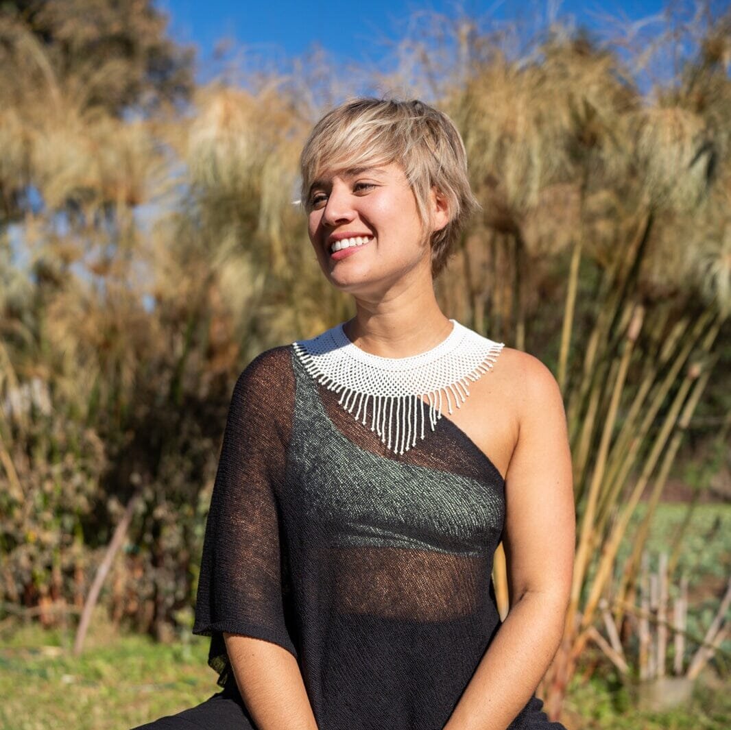 woman wearing Angel Eyelet white beaded choker fringe Necklace native american jewelry Mother Sierra