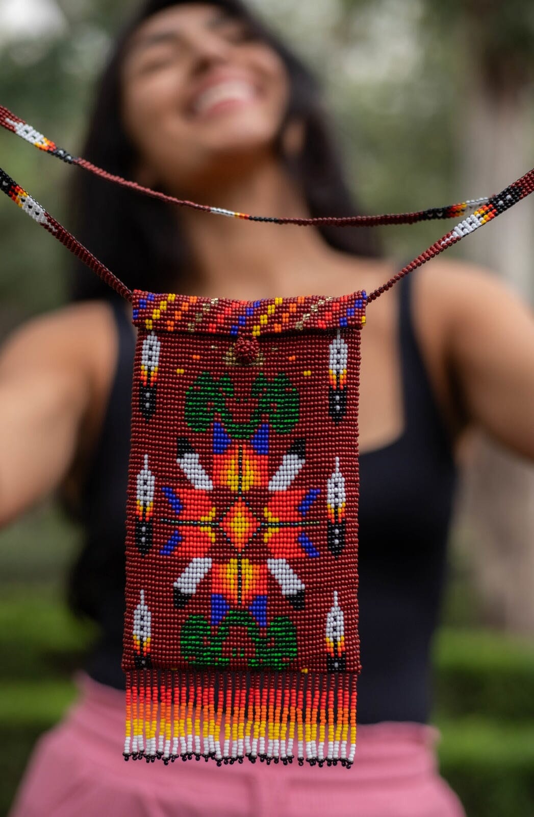 big bear brown orange red yellow white blue green handmade beaded purse bag satchel fringe native american jewelry