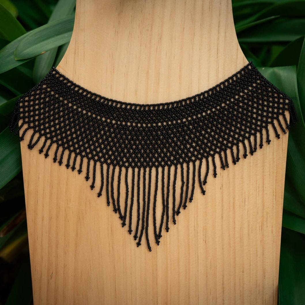Black Noir Eyelet beaded choker fringe Necklace black native american jewelry Mother Sierra