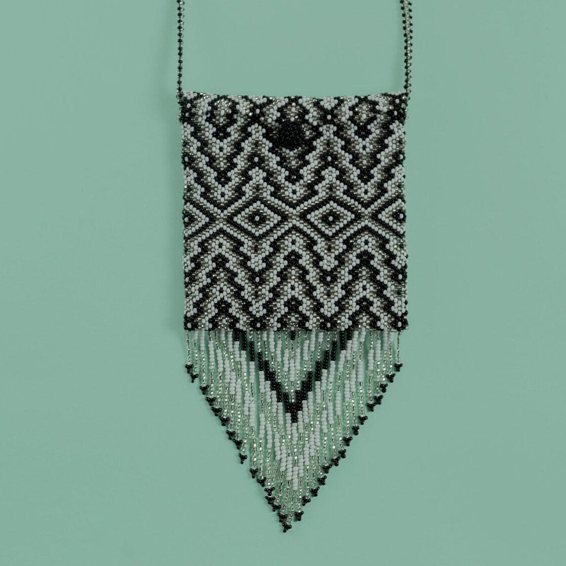 black onyx Medicine Bag Beaded Medicine Bags black silver white dangle fringe purse native american jewelry mexican guatemalan accessories Mother Sierra