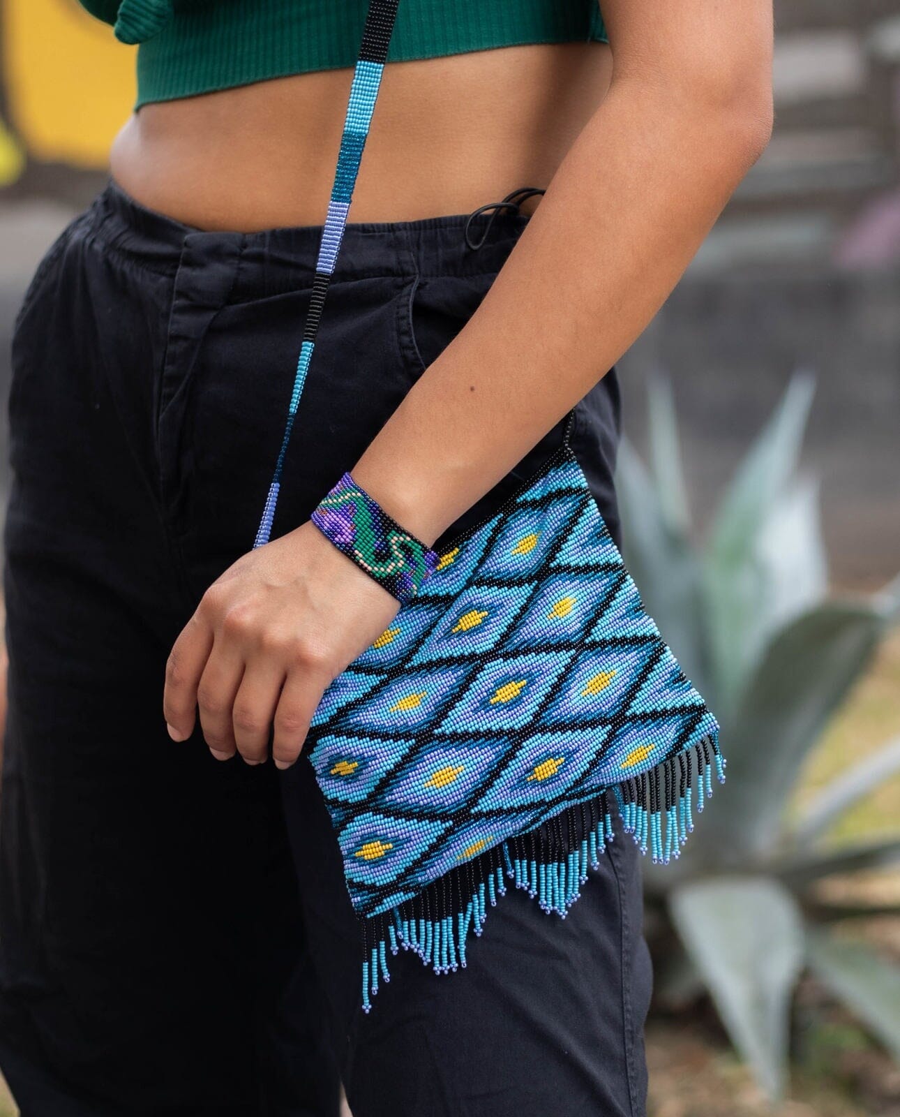 blue yellow black diamond beaded purse bag fringe