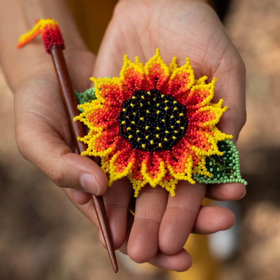 bright sunflower petal yellow red green beaded hair barrette hair piece native american jewelry