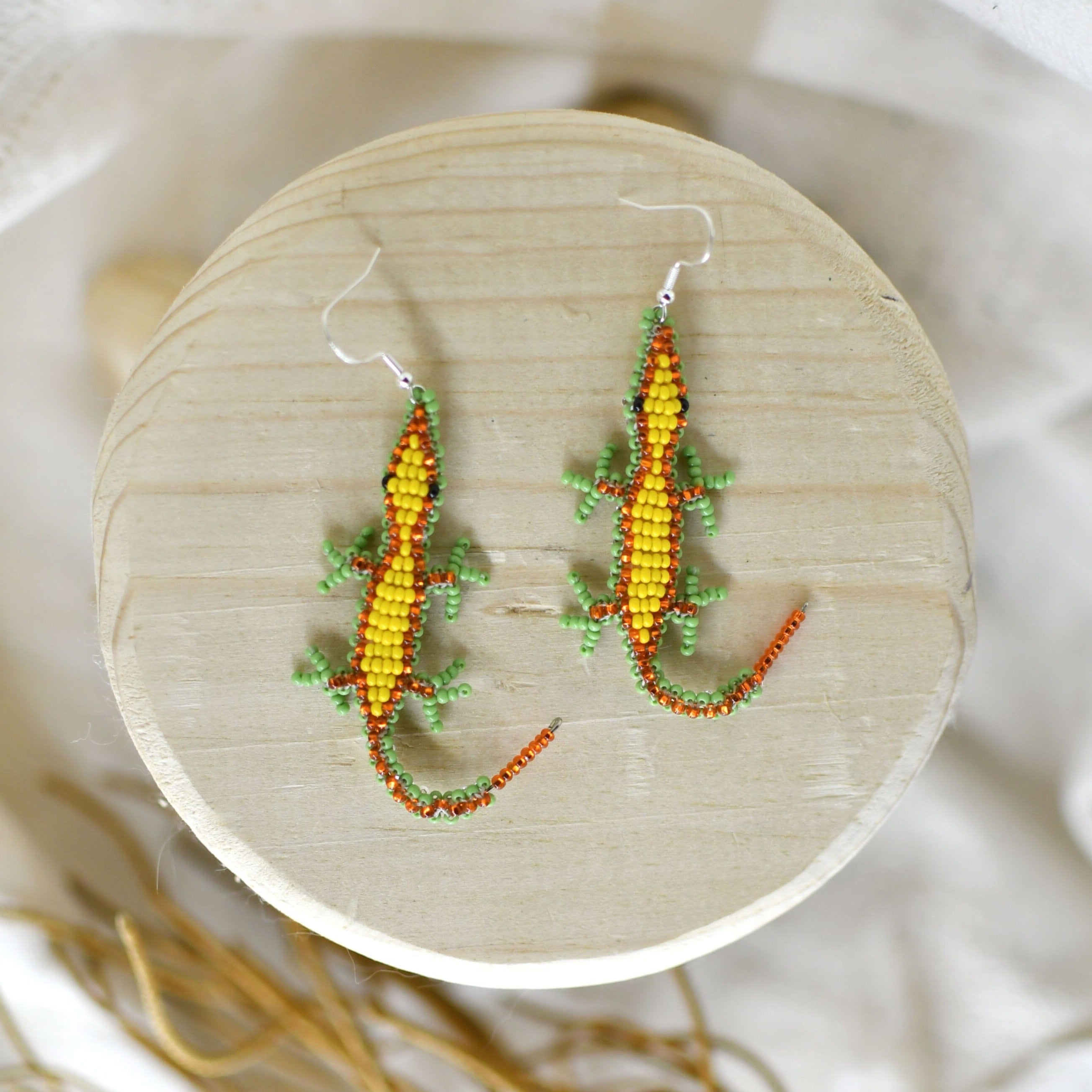 Clementine beaded lizard animal Earrings green orange yellow native american jewelry Mother Sierra