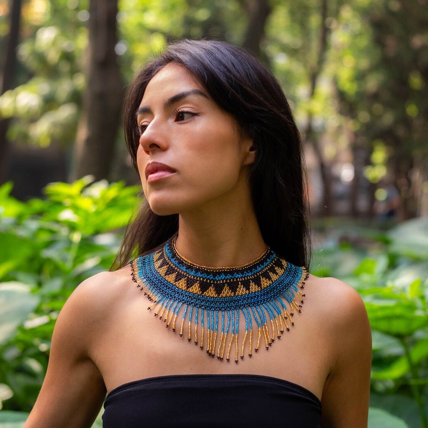 woman wearing beaded Cleopatra Choker neckalce blue black gold egyptian native american jewelry