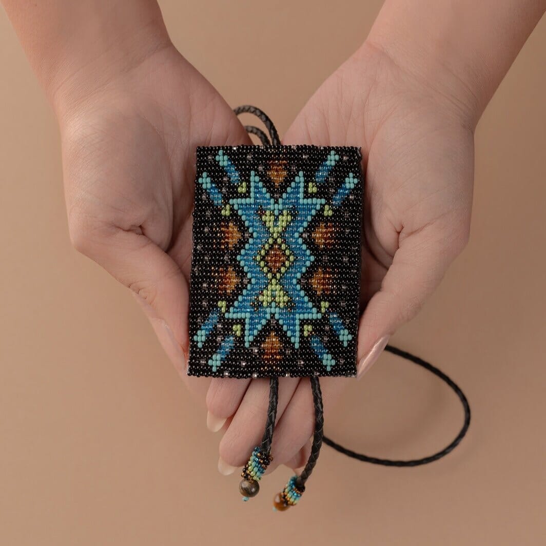cosmic collision Bolo Tie black blue star stellar explosion necklace beaded native american jewelry mexico guatemala accessory aglets slide clasp