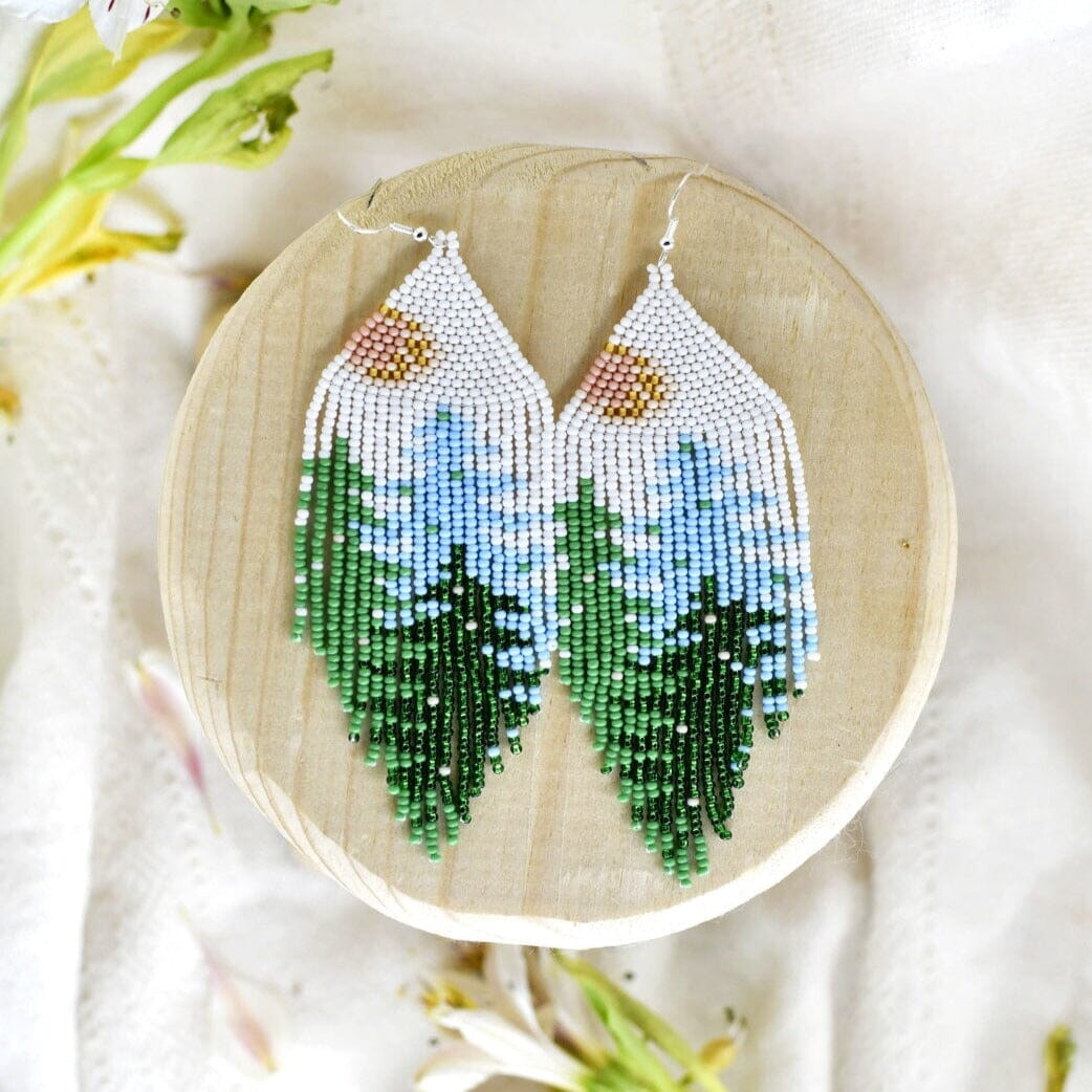 Forest Mist beaded fringe Earrings white snow evergreen trees blue native american jewelry Mother Sierra