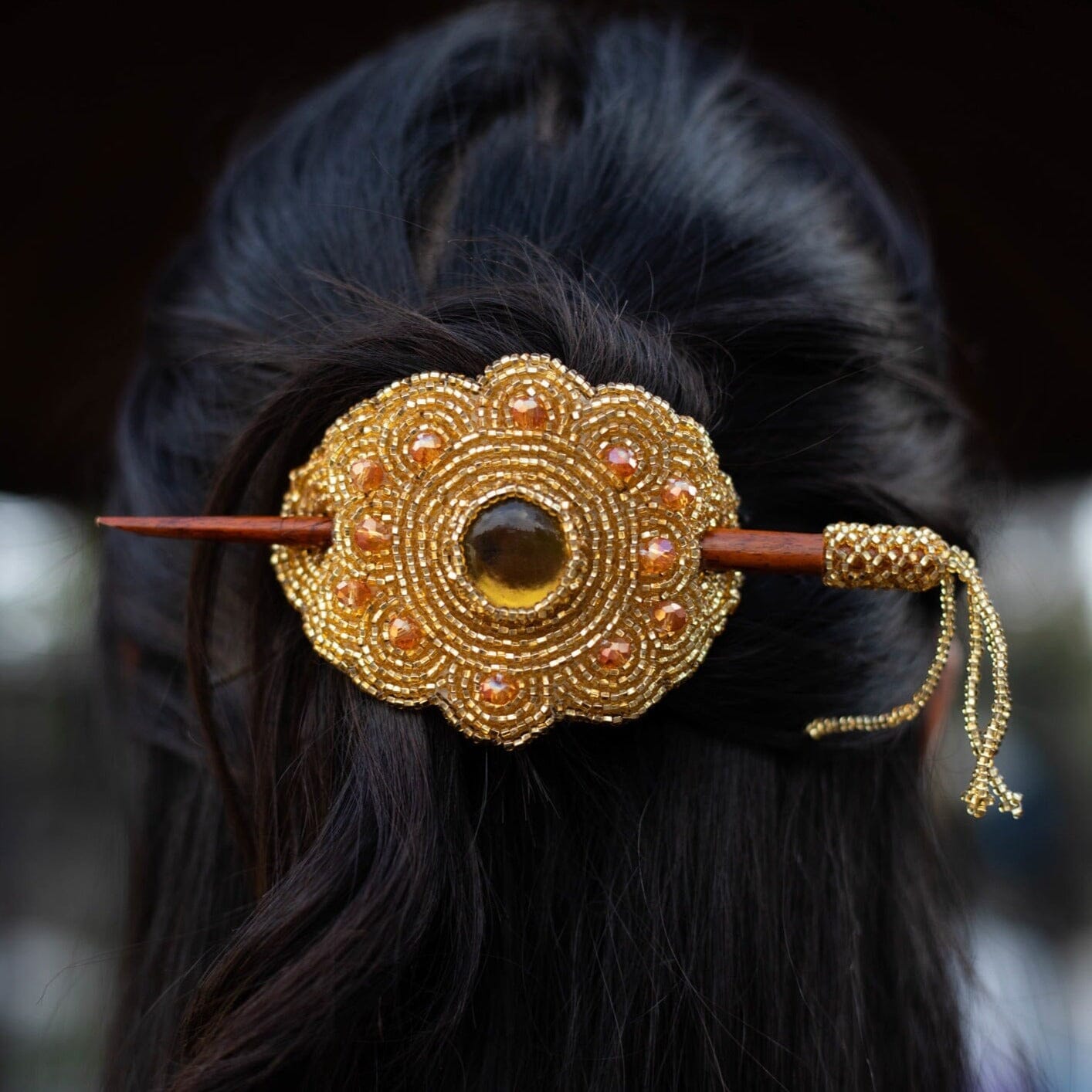 golden nugget gold beaded hair barrette and pin statement piece native american jewelry