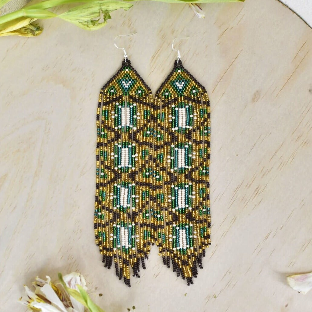 Golden Tapestry beaded fringe Earrings green brown white gold native american jewelry Mother Sierra