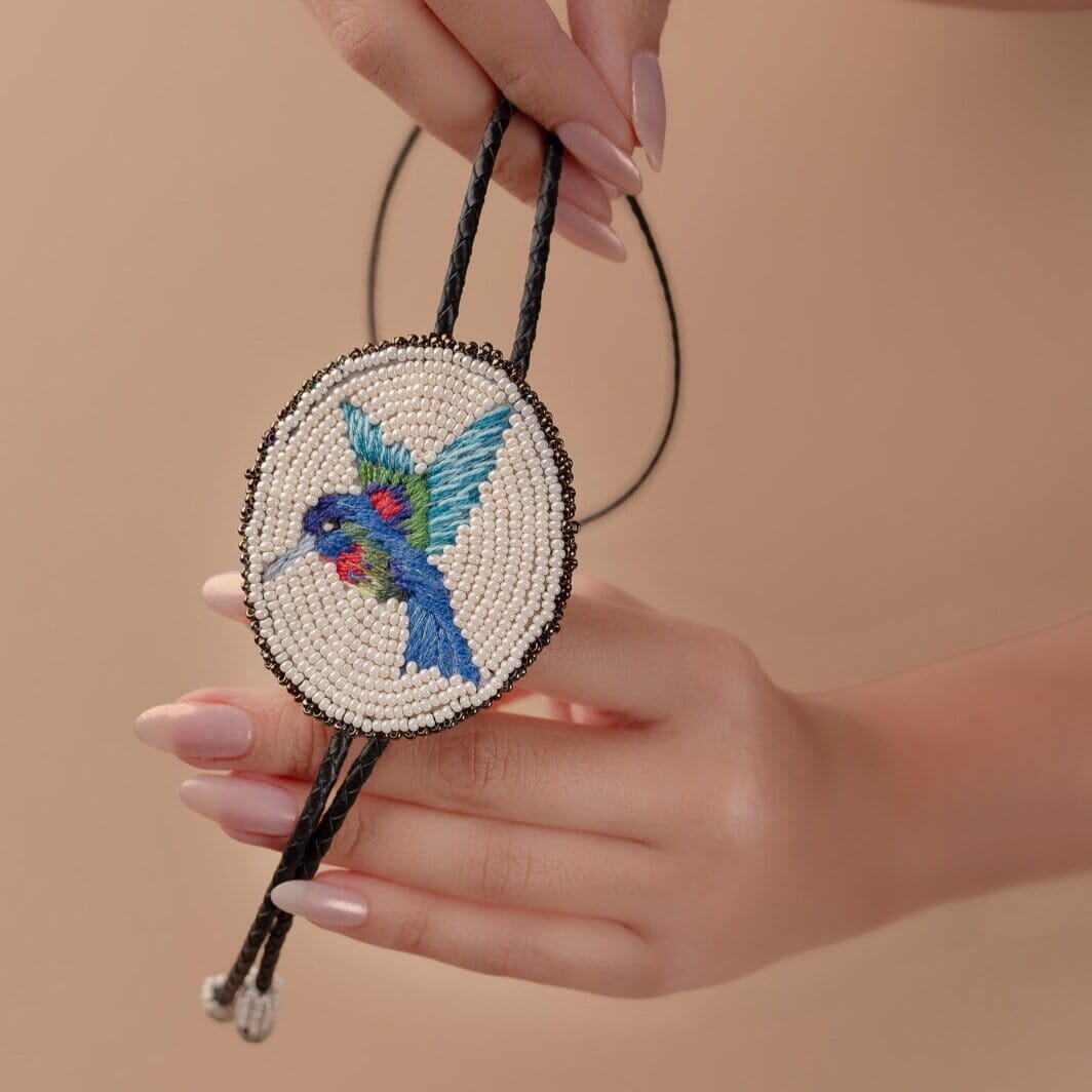 hope Bolo Tie blue dove cream colored background embroidered necklace beaded native american jewelry mexico guatemala handmade accessory aglets slide clasp