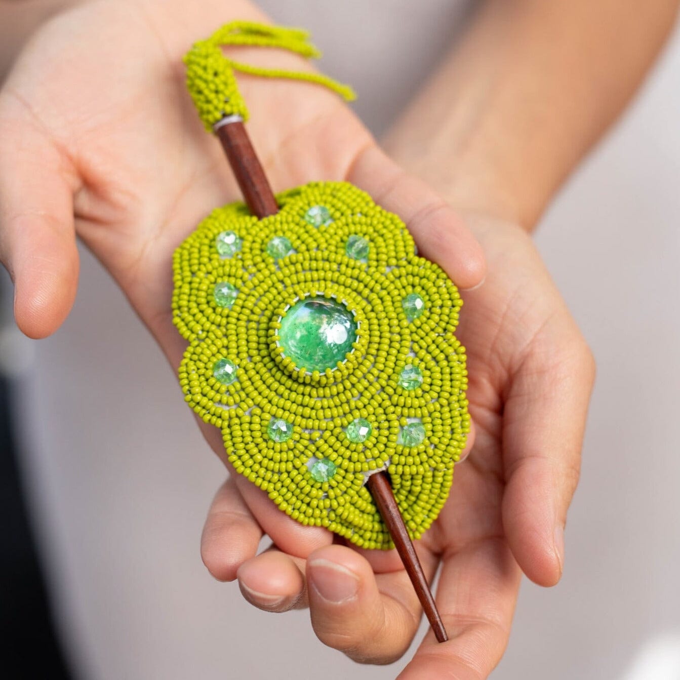 key lime green beaded hair barrette and pin statement piece native american jewelry