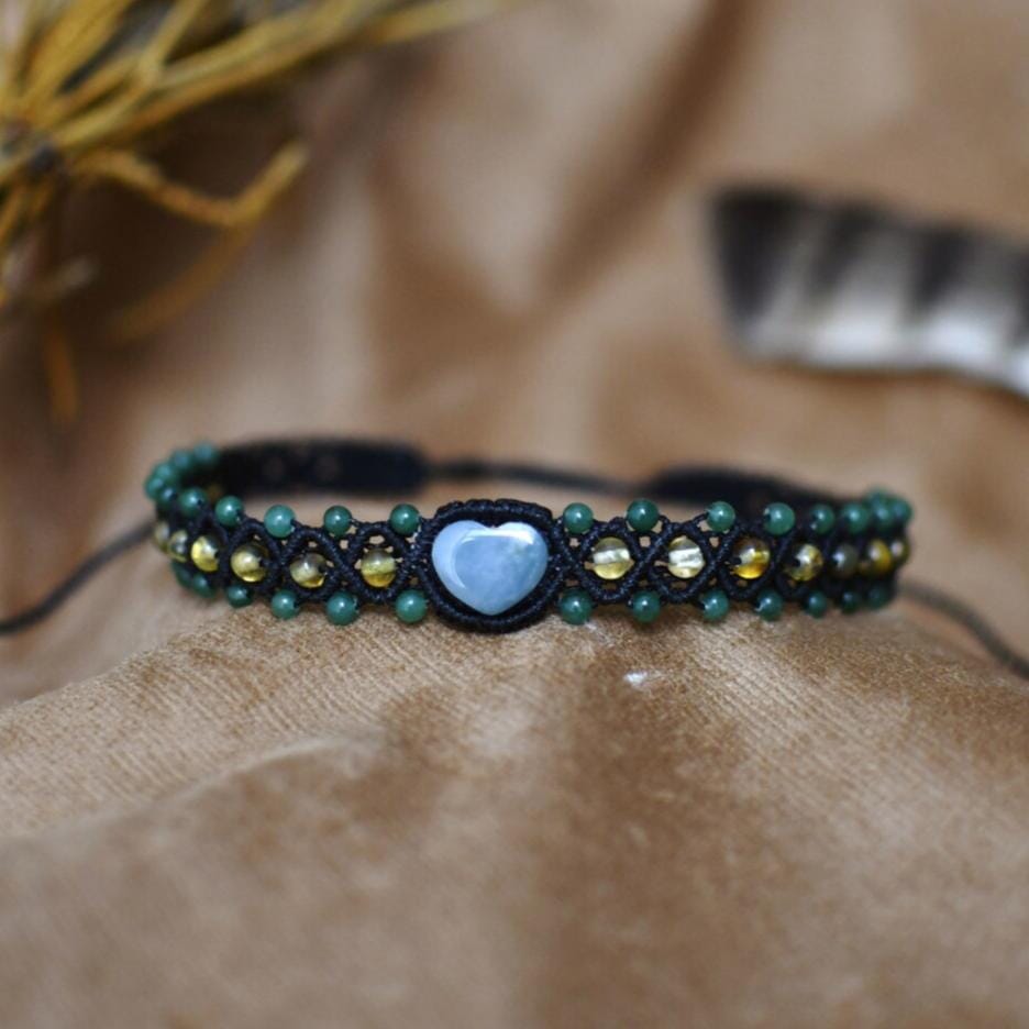 Little Heart Macrame Choker Necklaces Mother Sierra handmade jewelry handcrafted jade amber teal stone macrame cord close up