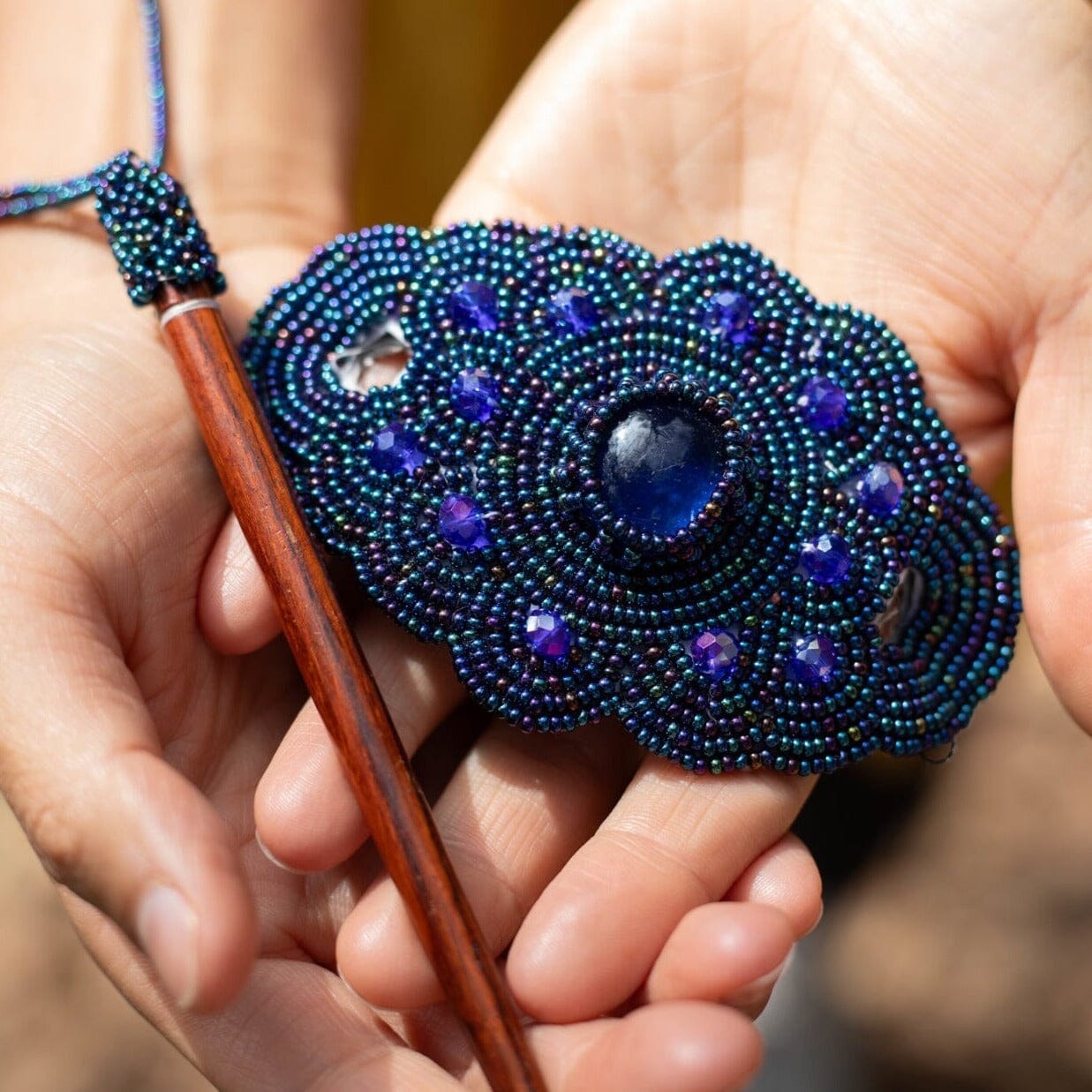 midnight steel blue beaded hair barrette and pin statement piece native american jewelry