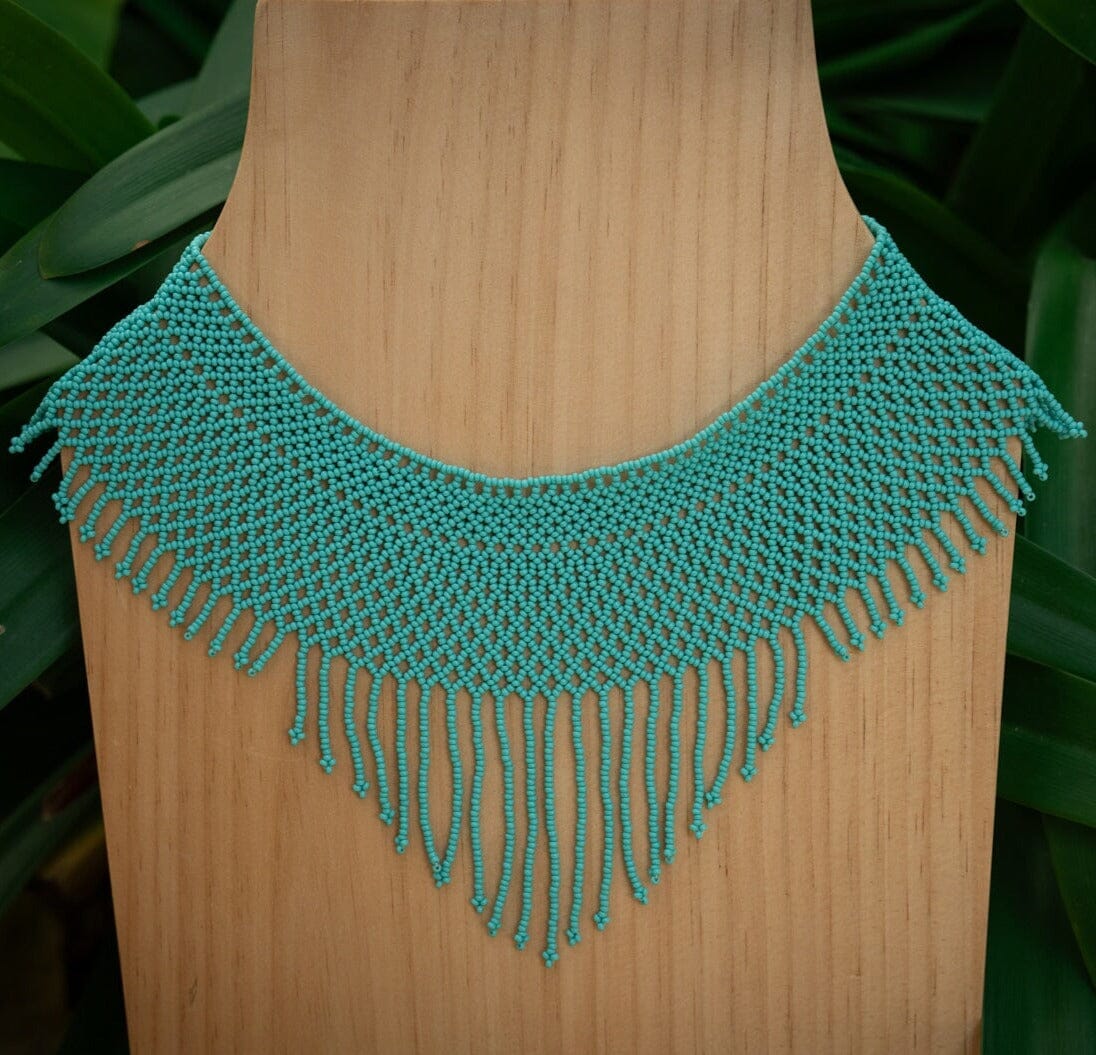 Peacock Eyelet beaded choker fringe Necklace teal native american jewelry Mother Sierra