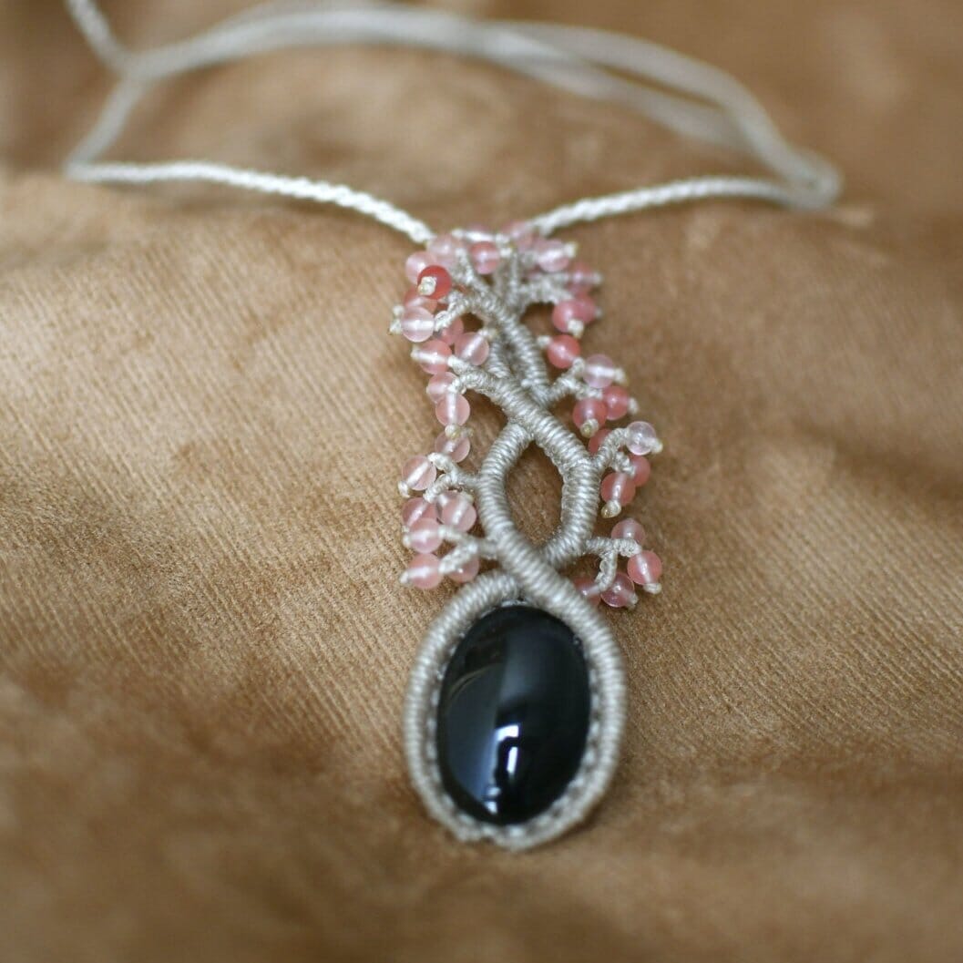 Pink Tree of Life Macrame Necklace Necklaces Mother Sierra jewelry obsidian cherry quartz stones handcrafted close up