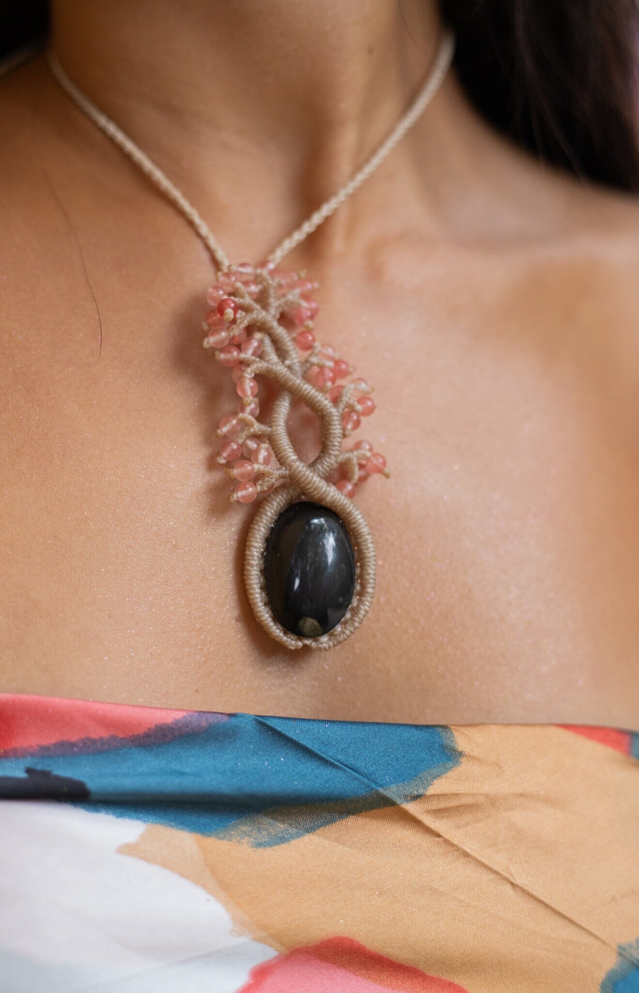 Pink Tree of Life Macrame Necklace Necklaces Mother Sierra jewelry obsidian cherry quartz stones handcrafted