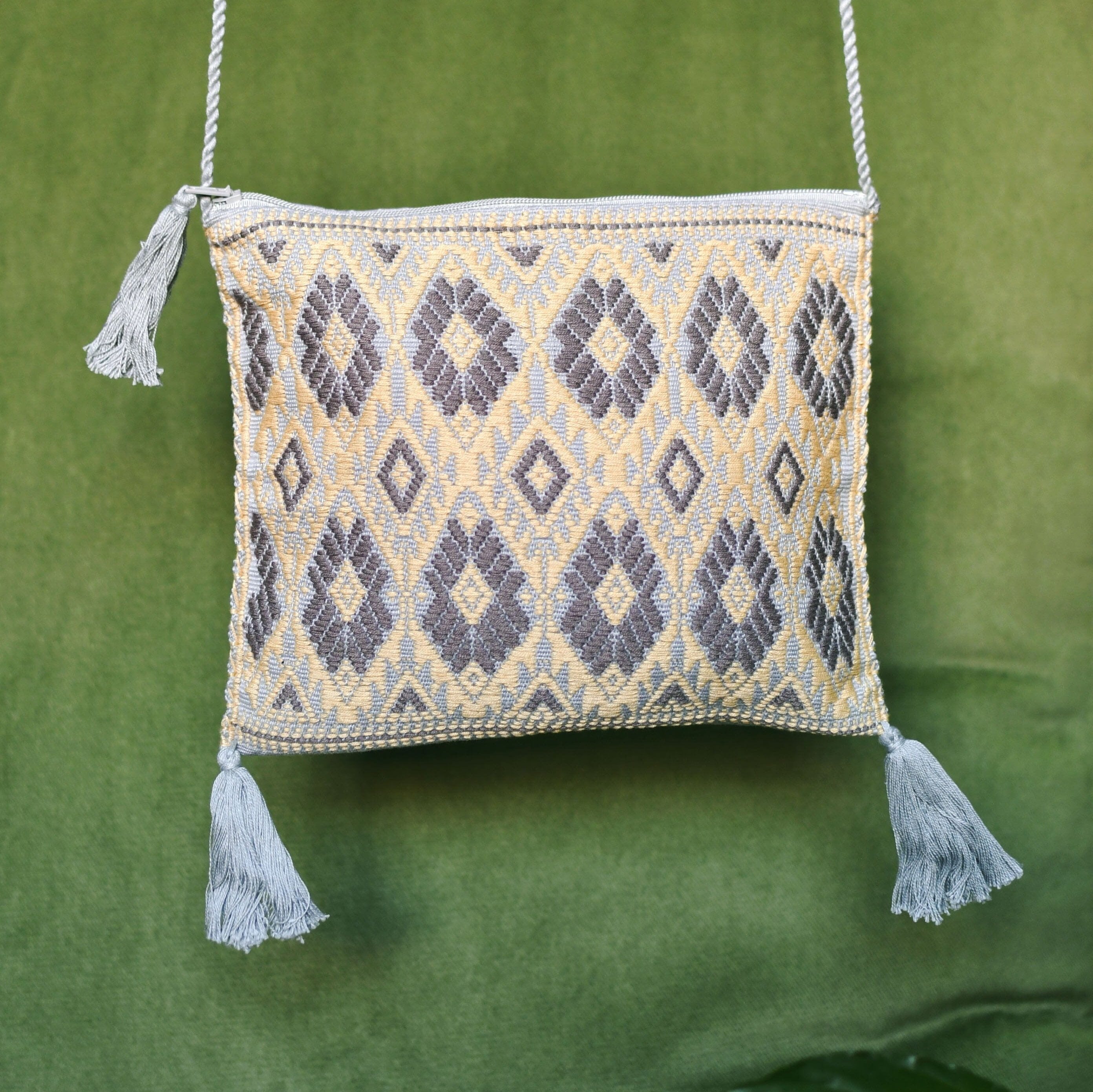 Pompei Textile Bag handmade mexican accessories chiapas mexico light blue cream gray native american statement piece Mother Sierra