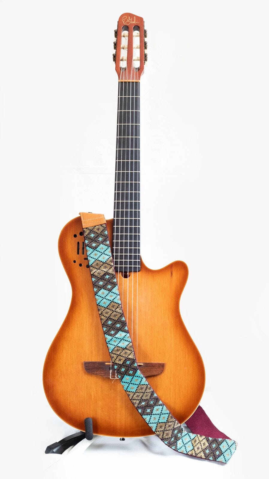 Rolling Rock Guitar Strap beaded Guitar Strap leather teal black gold native american jewelry Mother Sierra