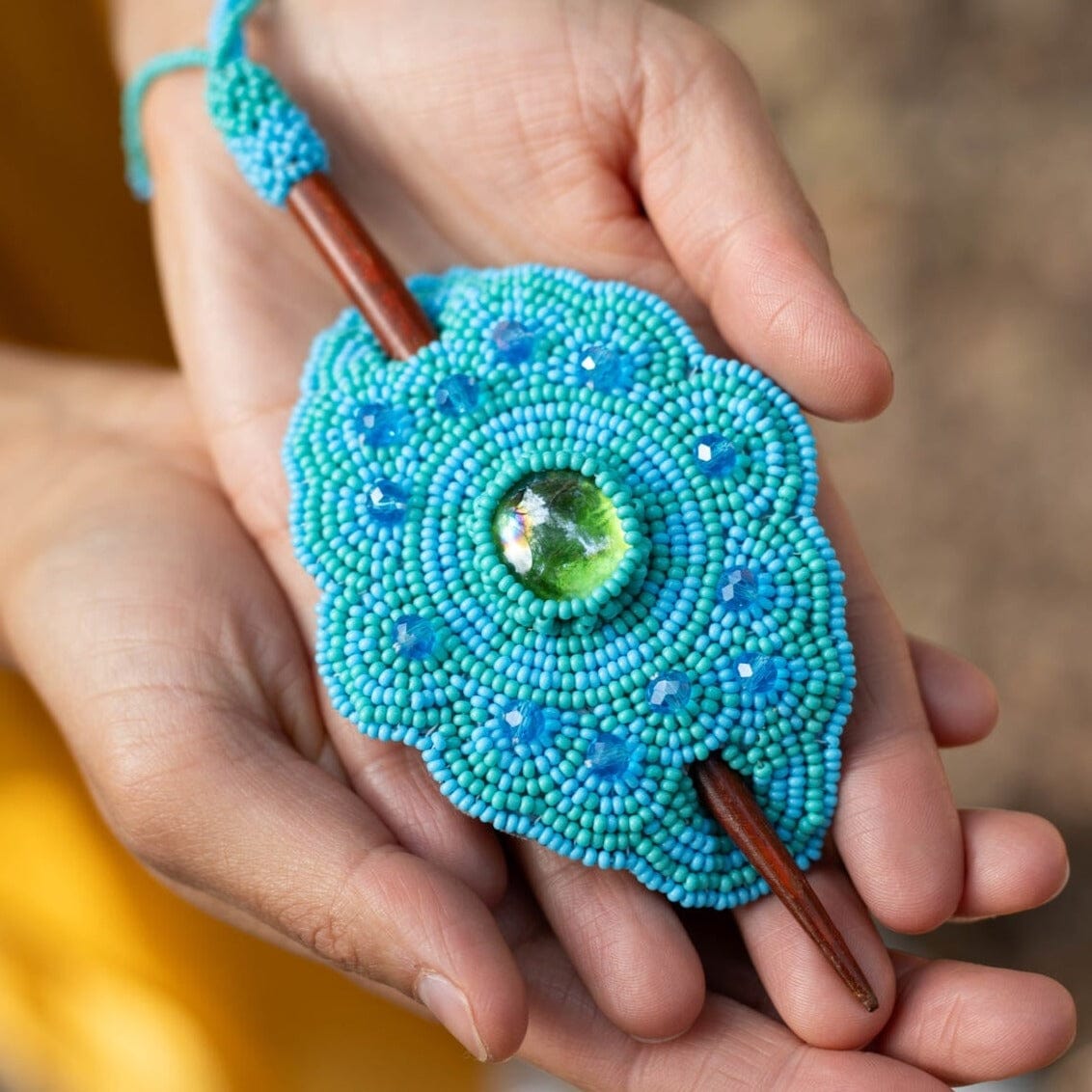 sea foam light blue beaded hair barrette and pin statement piece native american jewelry