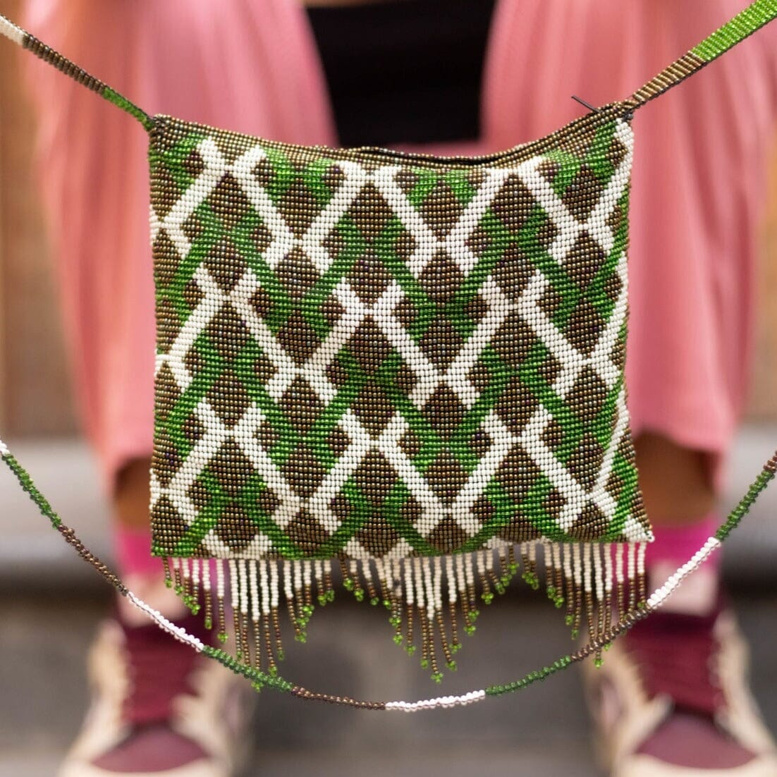 green brown white diamond beaded purse bag fringe