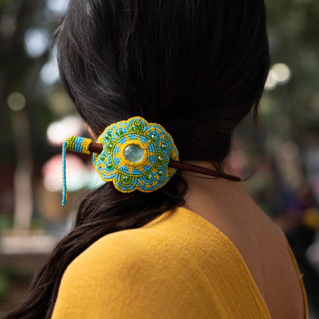 sky high blue yellow green beaded hair barrette and pin statement piece native american jewelry