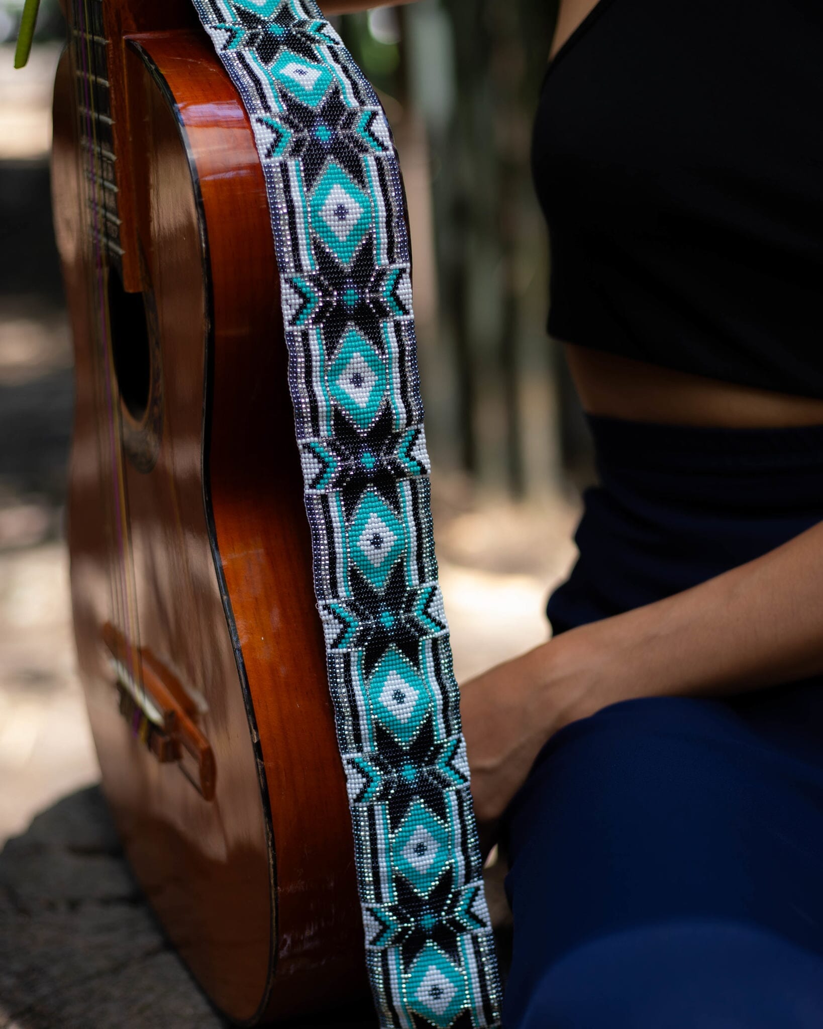 Super Nova handmade beaded guitar strap white black teal silver adjustable leather on guitar