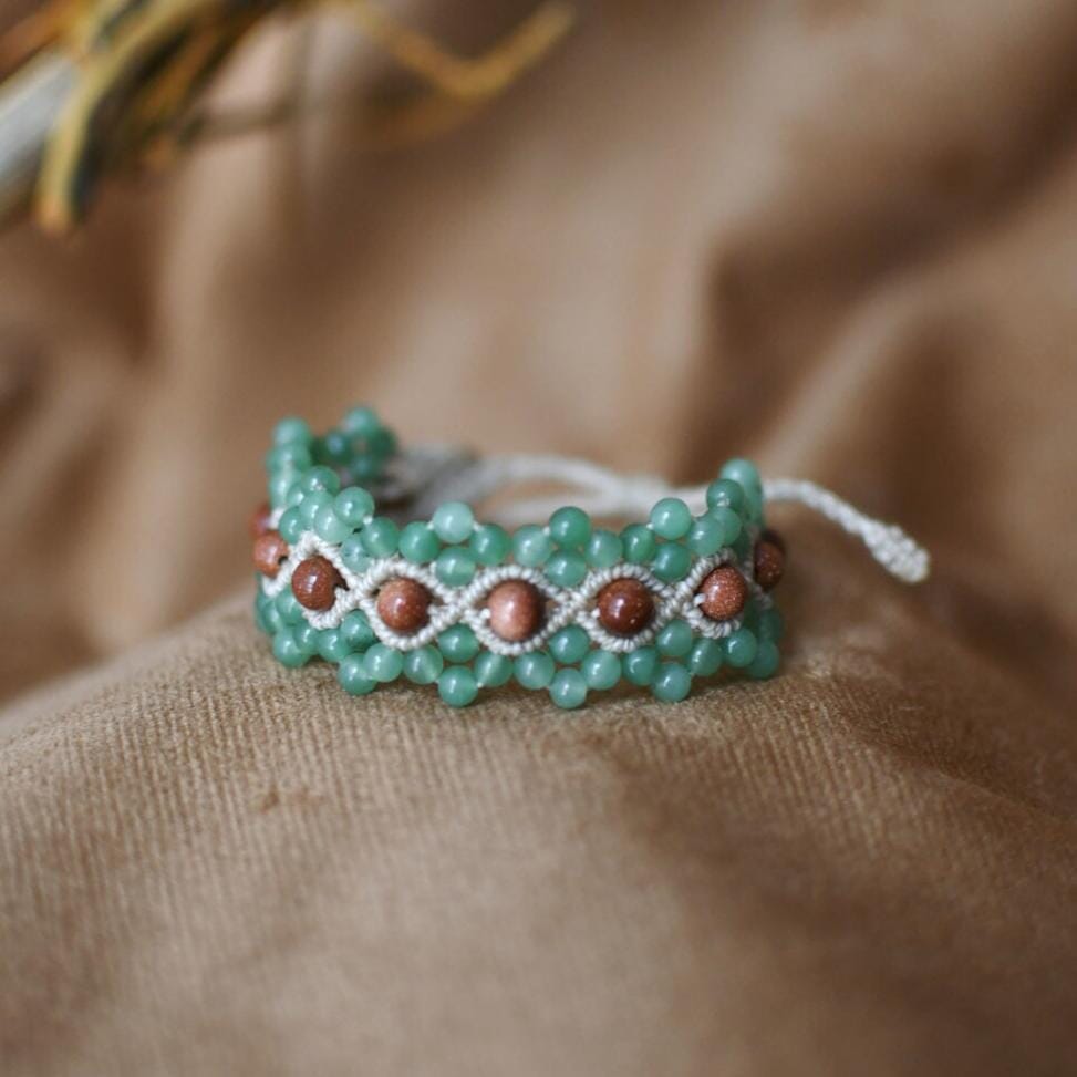 Sweet Pea Macrame Bracelet bracelet Mother Sierra handmade teal beige orange green jewelry close up