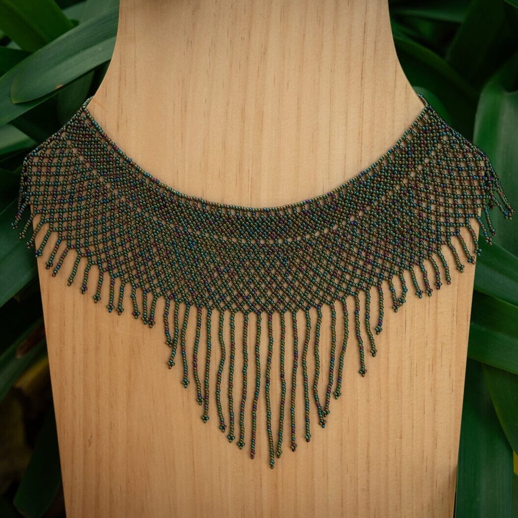 Tahitian Eyelet beaded choker Necklace fringe green blue native american jewelry Mother Sierra