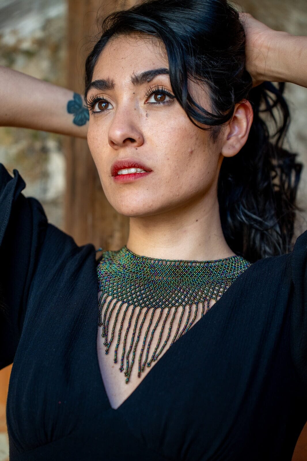 Tahitian Eyelet beaded choker Necklace fringe green blue