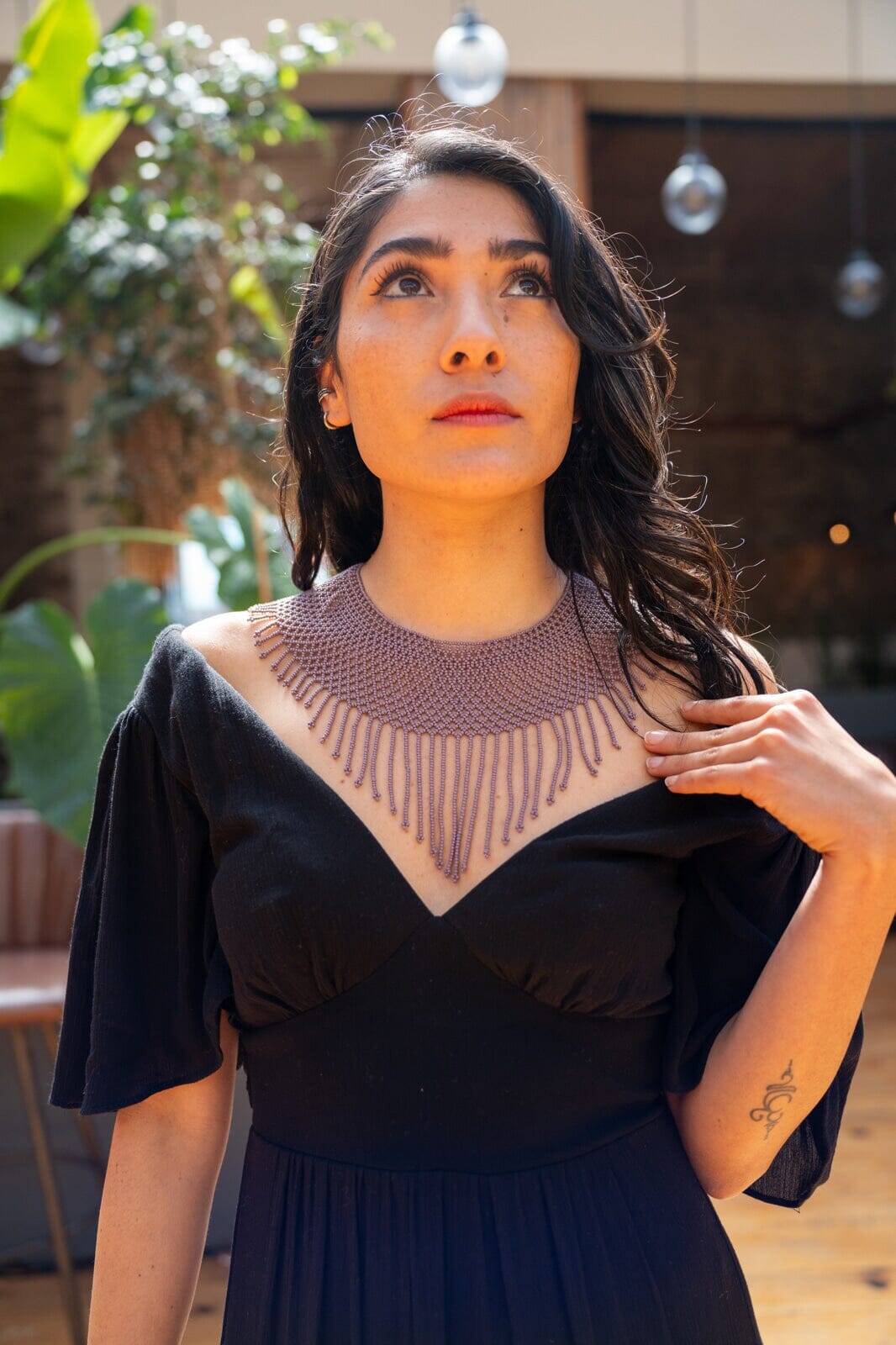 woman wearing Vintage Eyelet beaded choker Necklace fringe mauve purple native american jewelry Mother Sierra