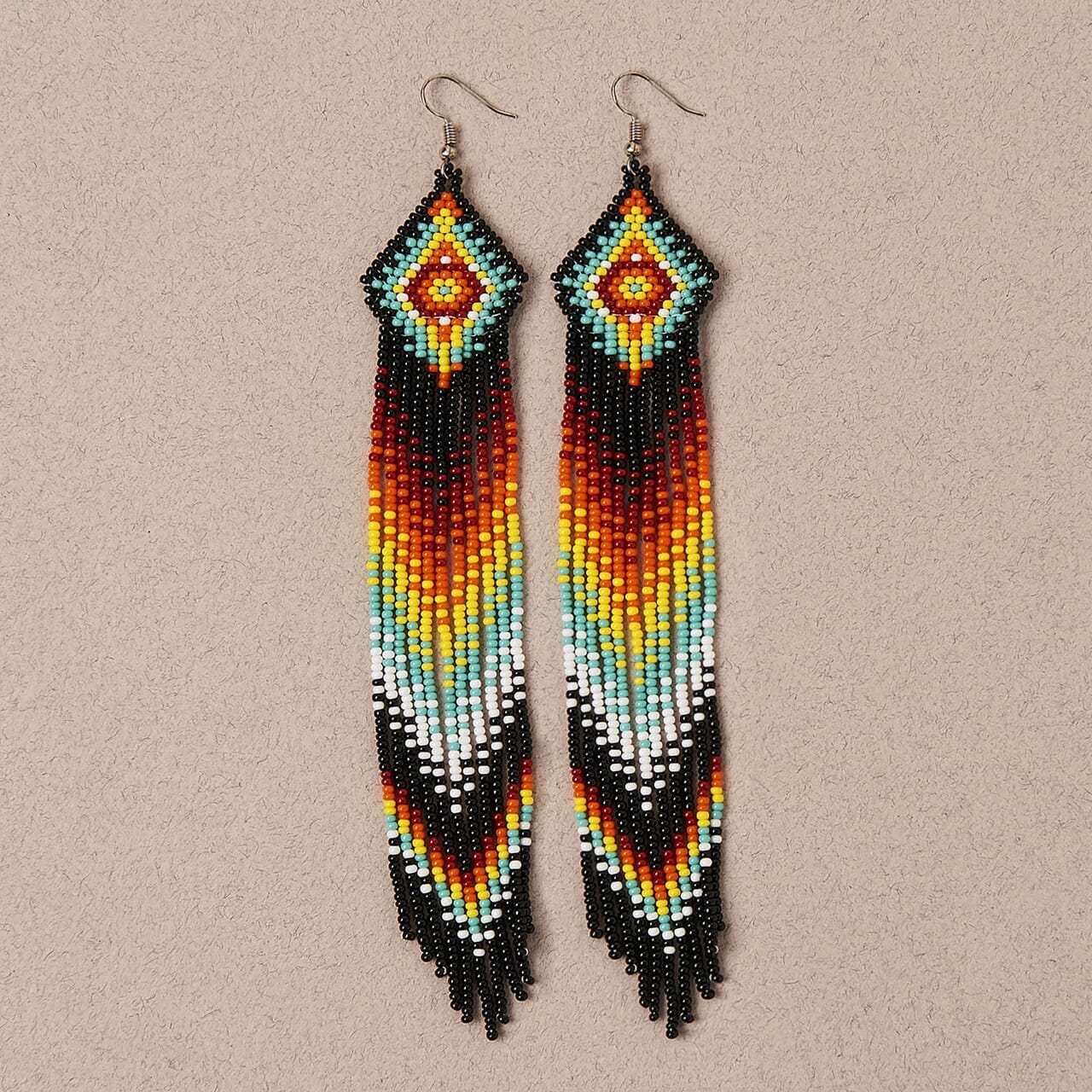 Unique Handmade beaded design - Black Fire Teal White Red Icy Hot Fringe Beaded Earrings