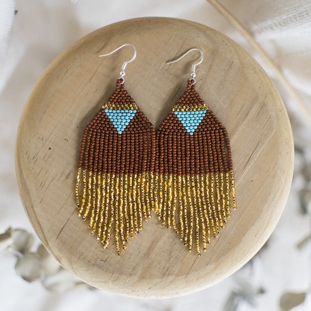 brown gold blue pyramid fringe beaded earrings