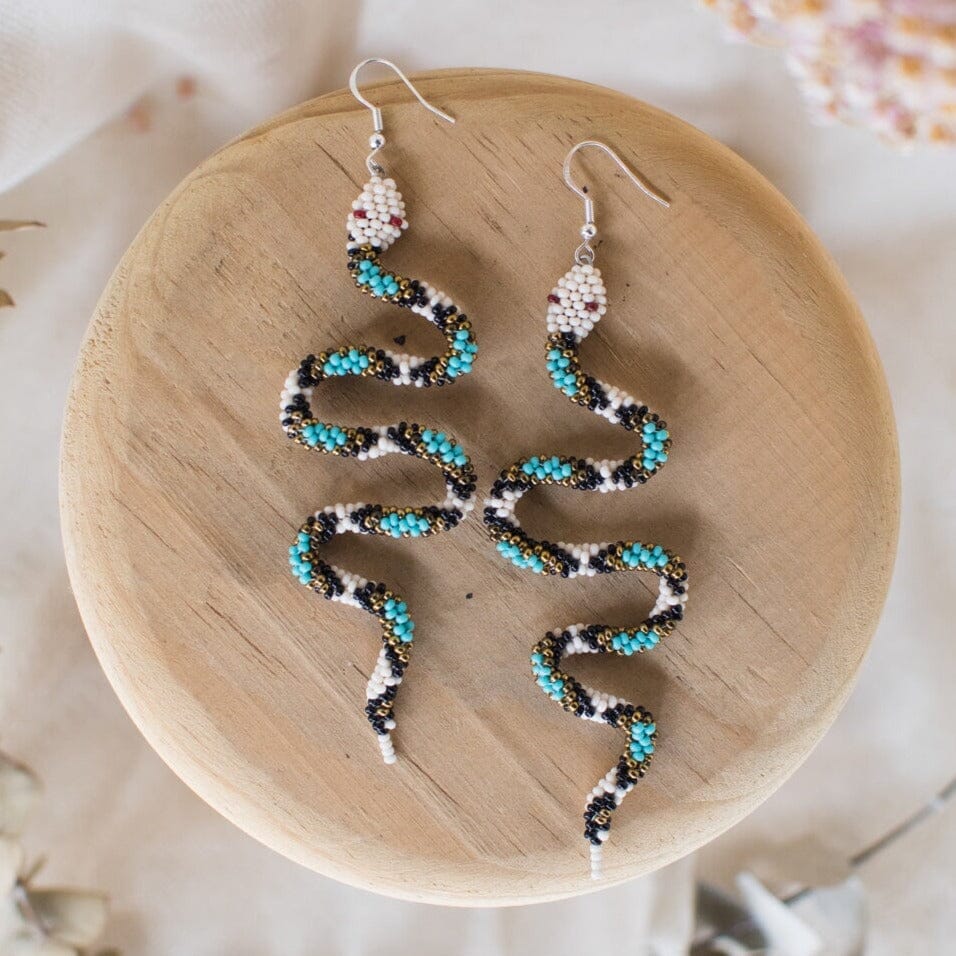 Athena teal white slithering snake beaded earrings