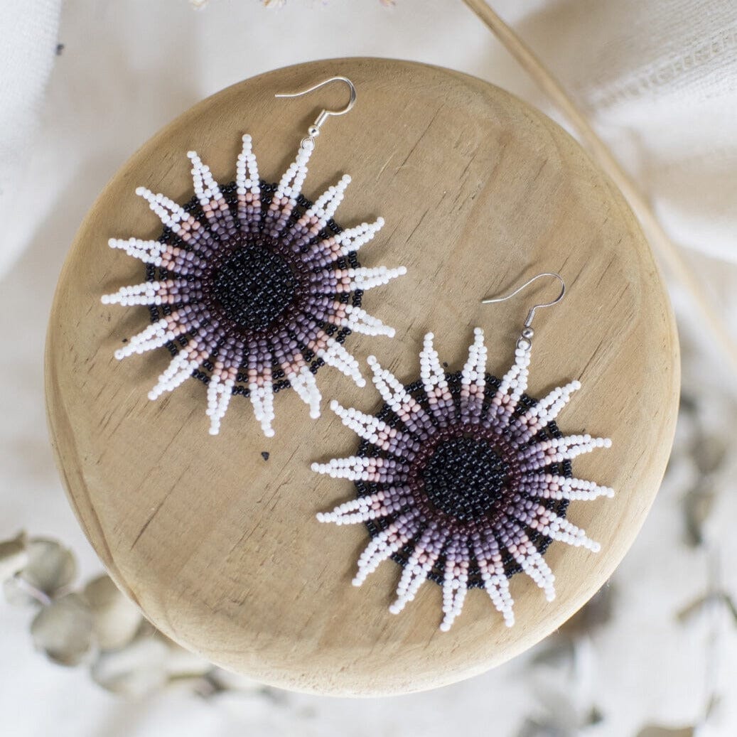 white dark brown blanca gradient flower blossom circular beaded earrings