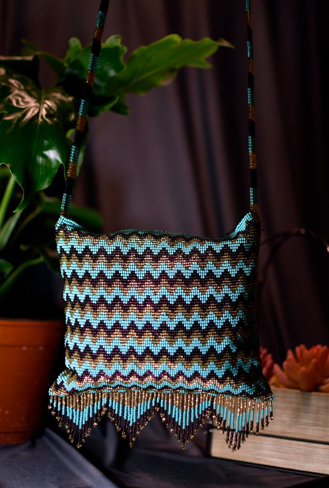 teal gold brown ripple effect beaded purse bag fringe