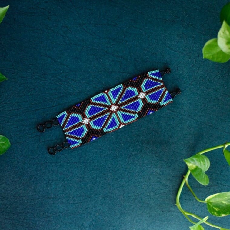 Blue Marigold blossom beaded bracelet cuff