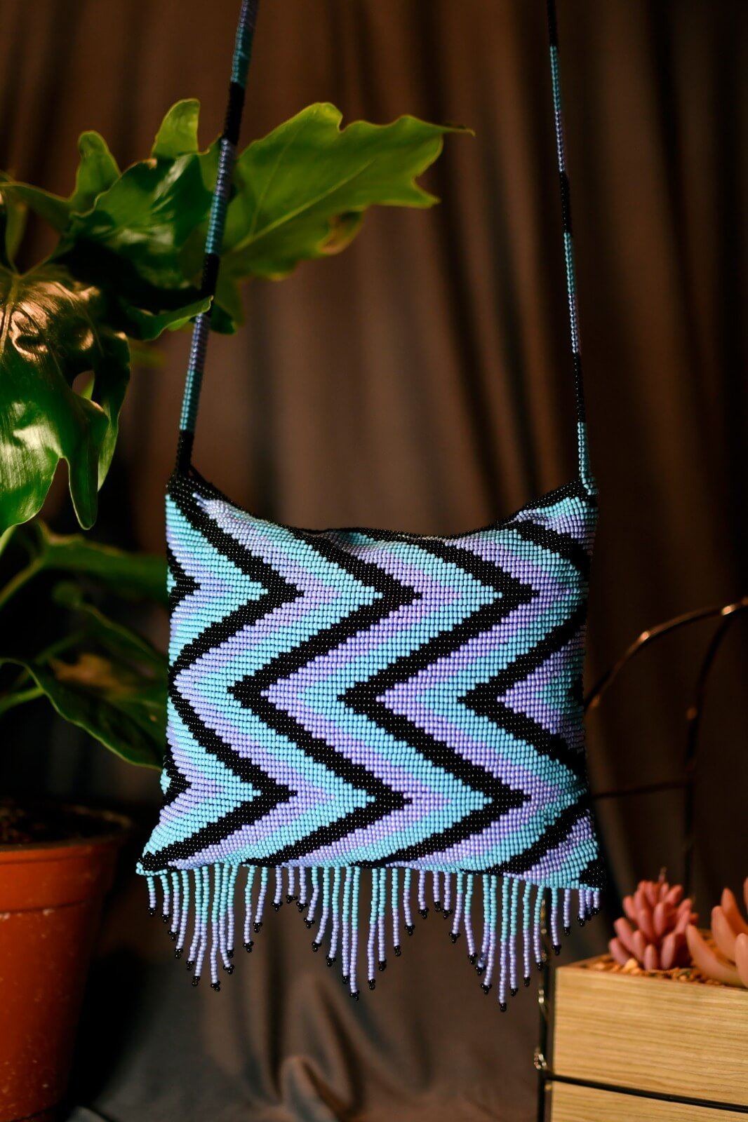 chevron teal black purple zigzag beaded purse bag fringe