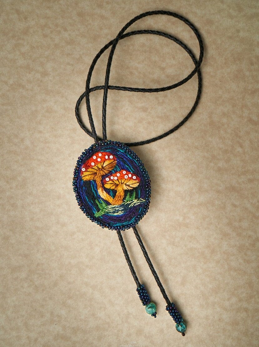 briar patch embroidered mushroom blue black red white orange green beaded Bolo Tie necklace necktie native american jewelry