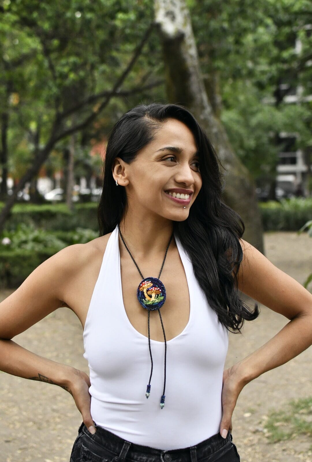 Fine Delicate Beaded Bolo Tie Necklace - Briar Patch Embroidered Mushroom