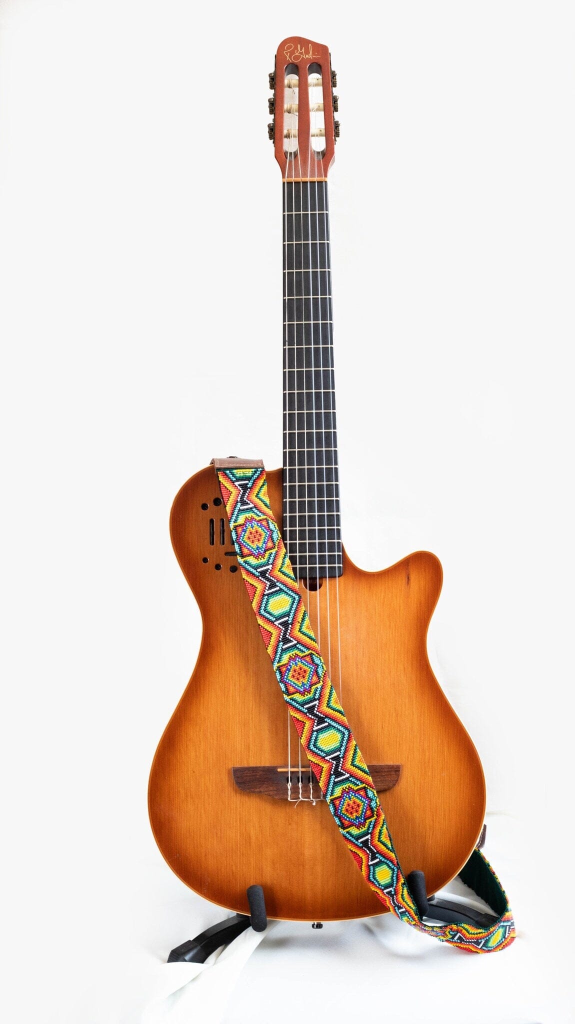 Broken Arrow beaded Guitar Strap rainbow red blue green yellow white black adjustable leather on guitar