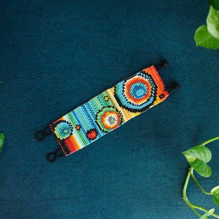 Bubbles rainbow black blue green red yellow white beaded bracelet cuff