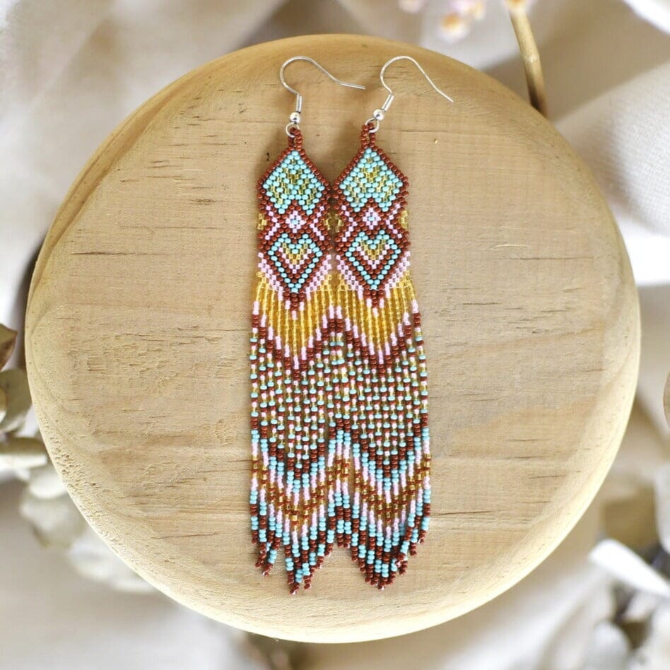 light blue brown pink amber micro fringe beaded earrings