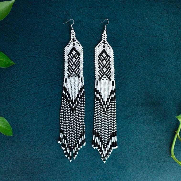 Long white fringe beaded earrings