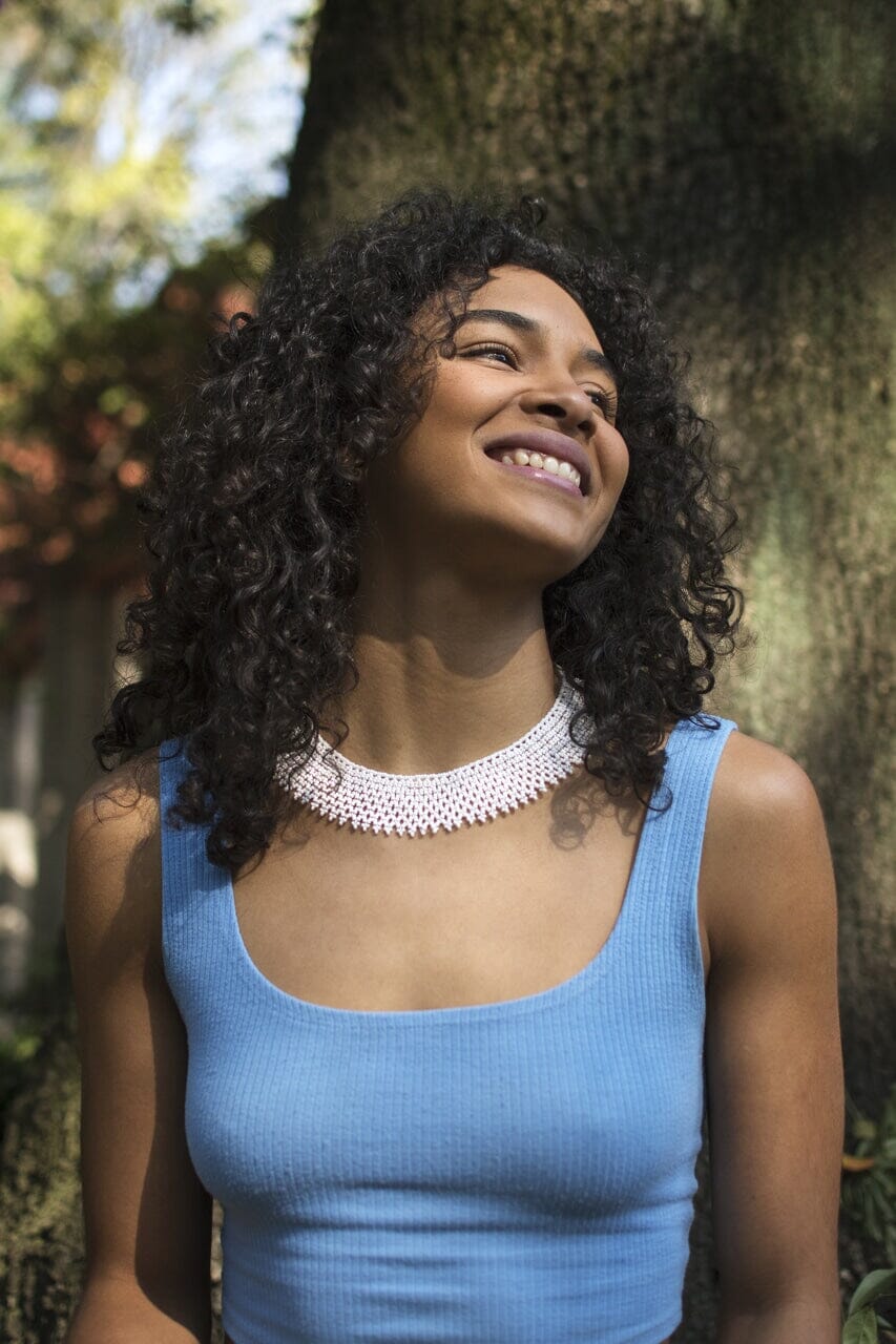 Woman Wearing a White Handmade Chantilly Lace Choker Necklace