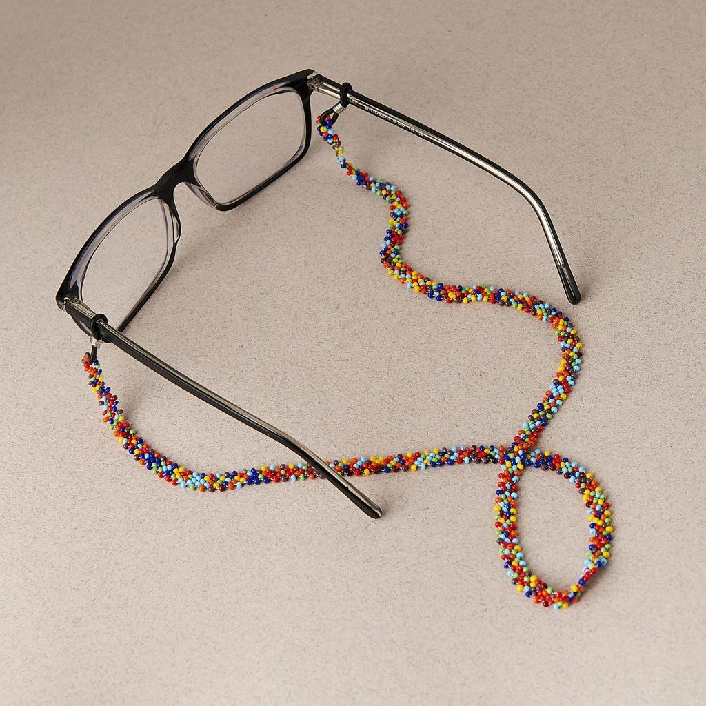 confetti yellow red blue teal green beaded glasses chain jewelry