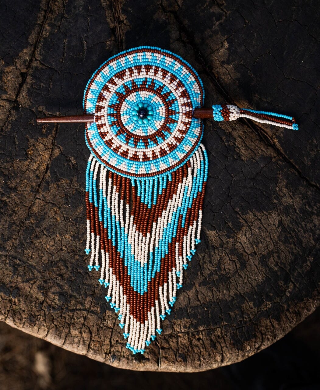 cream tiara round light blue brown white beaded hair barrette and pin statement piece native american jewelry