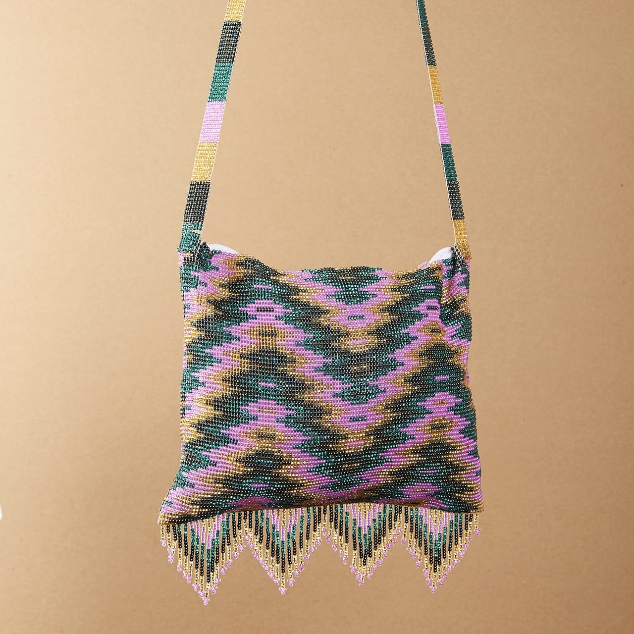 gold pink teal green beaded purse bag fringe