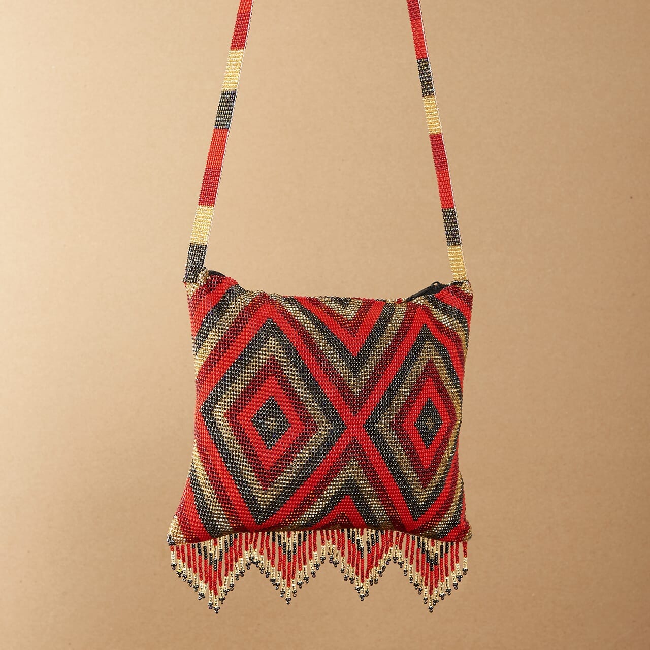 red gold diamond pattern beaded purse bag fringe