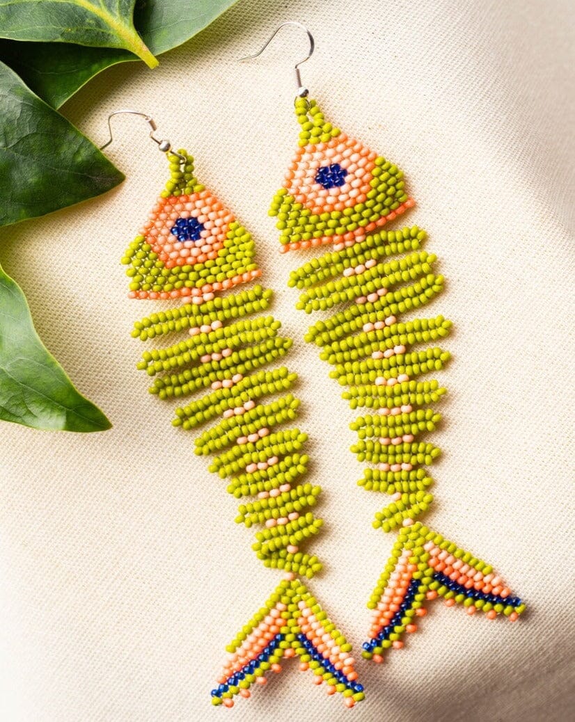 pea green salmon pink fish skeleton fossil beaded earrings