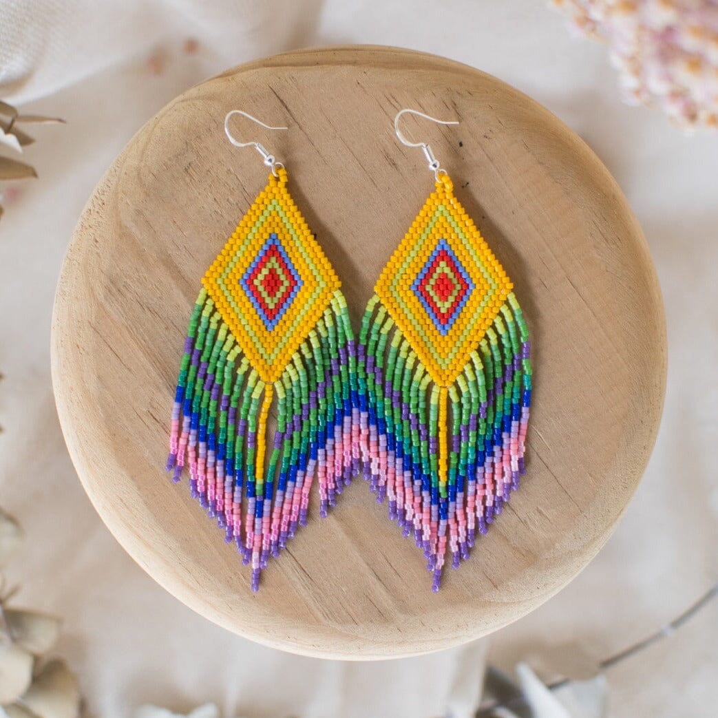 yellow pink purple guacamaya fringe feather beaded earrings