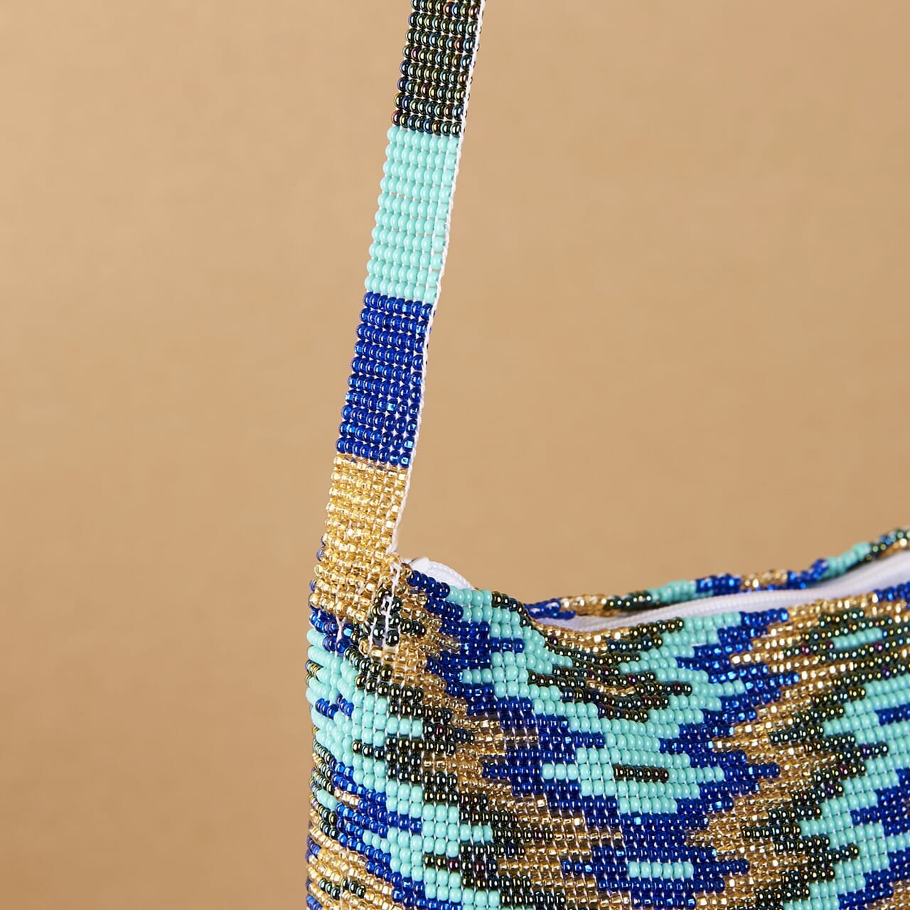 close up teal blue gold high tide beaded purse bag fringe